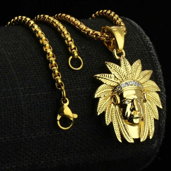 14k Gold Indian Chief 24" Link Chain + Pendant
